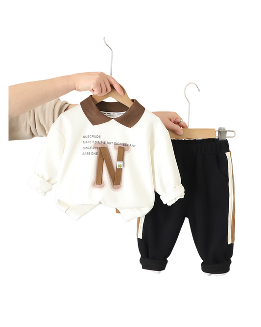 Boys Sweatshirt and Jogger Pants Set – Cream and Brown Cotton Outfit (1–6 Years)