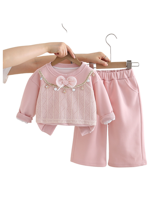 Girls Pink Pearl Bow Top & Pants Set (1–6 Years)