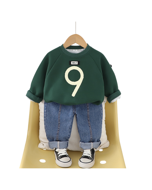 Boys Green Sweatshirt and Denim Jeans Set – Casual Cotton Outfit (1–6 Years)