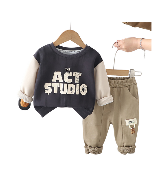 Boys Casual Sweatshirt & Pant Set – “The Act Studio” – Black & Beige Cotton Outfit (1–6 Years)