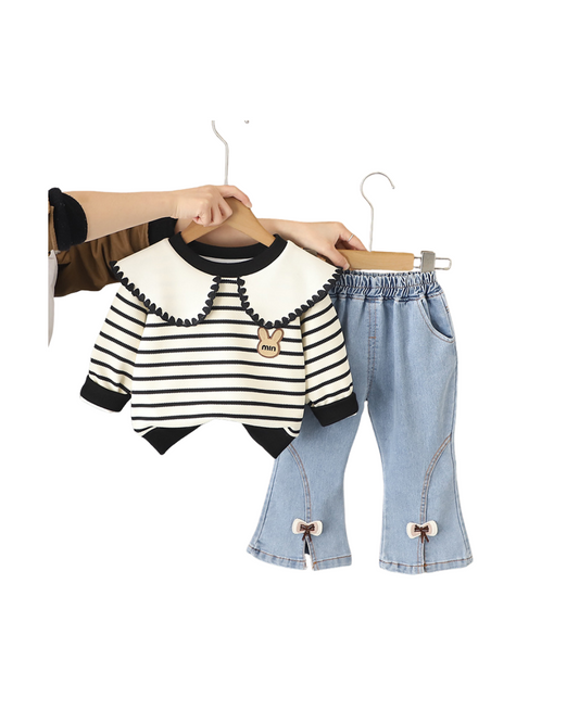 Kominz Junior – Girls Striped Sweater with Bow Denim Pants Set (1–6 Years)