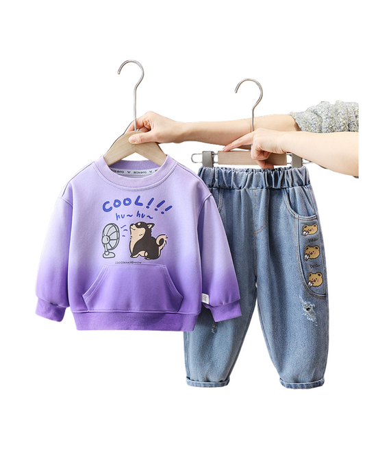 Boys Purple Cartoon Sweatshirt and Denim Jeans Set – Fun Cotton Outfit (1–6 Years)