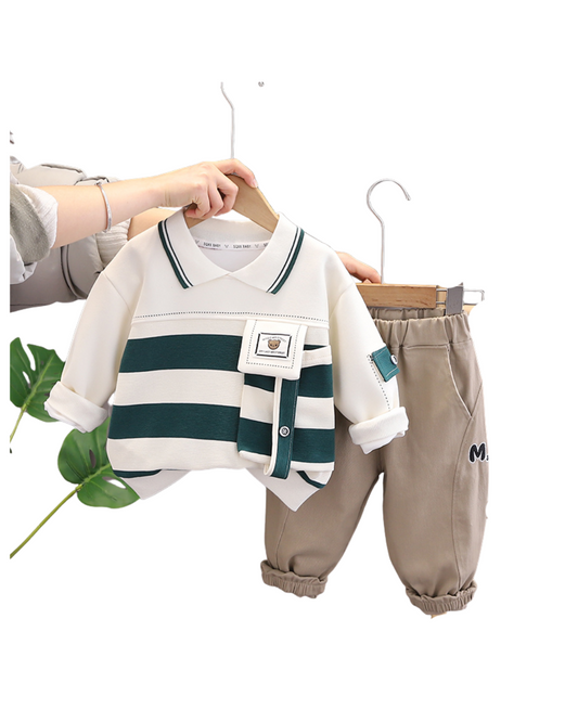 Boys Striped Polo Shirt and Khaki Pants Set – Stylish Cotton Outfit (1–6 Years)