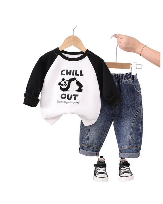Boys “Chill Out” Panda Sweatshirt and Denim Jeans Set – Cozy Cotton Outfit (1–6 Years)