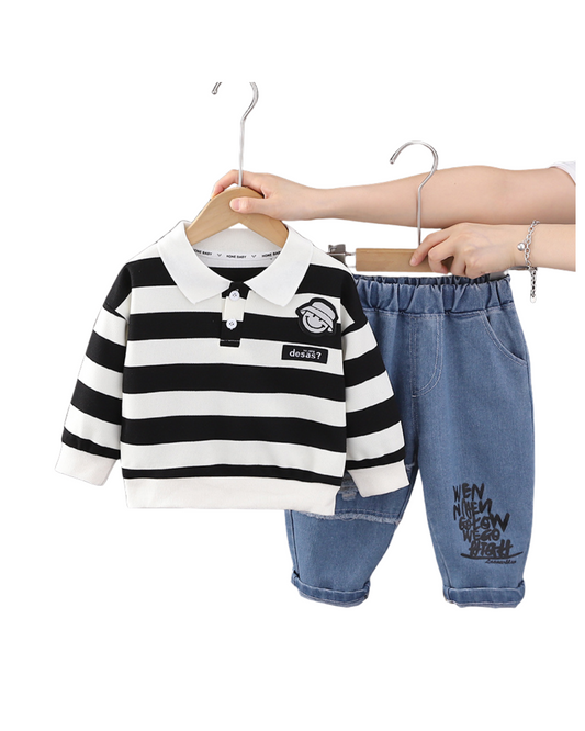 Kominz Junior – Boys Black & White Striped Polo Shirt with Denim Jeans Set (1–6 Years)
