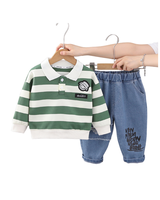 Kominz Junior – Boys Green & White Striped Polo Shirt with Denim Jeans Set (1–6 Years)