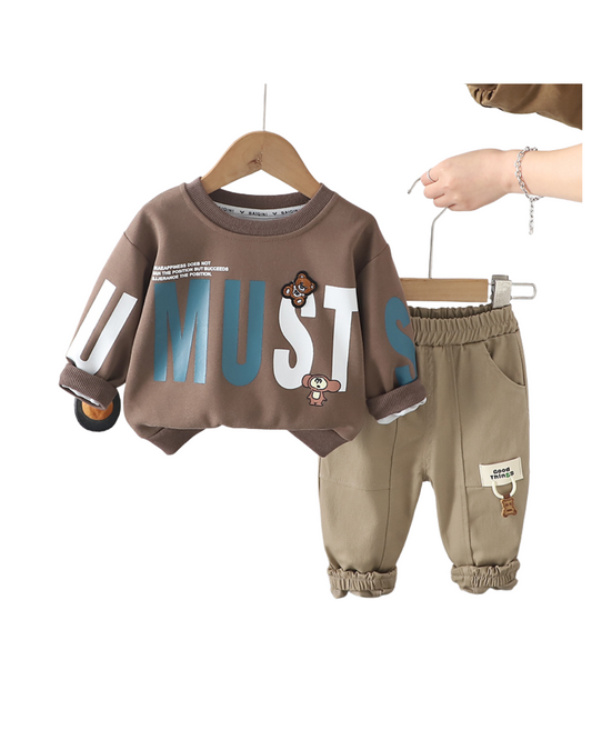 Kominz Junior – Boys Brown “You Must” Sweatshirt & Cargo Pants Set (1–6 Years)