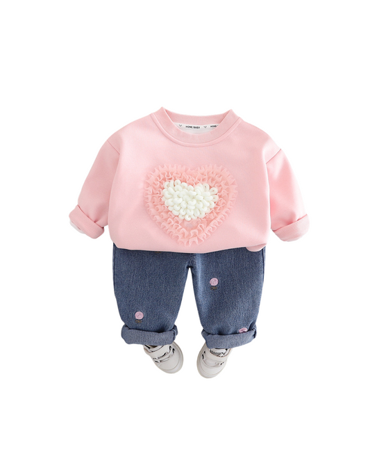 Kominz Junior – Girls Pink Heart Sweatshirt with Denim Jeans Set (1–6 Years)