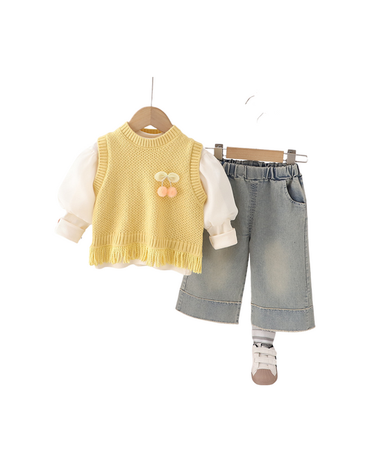 Girls Yellow Knitted Vest & Denim Pant Set – Kominz Junior 1-6