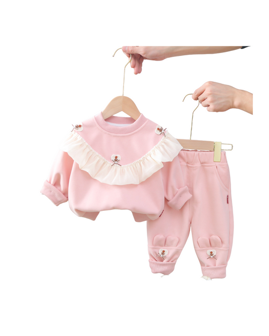 Girls Pink Frill Sweatshirt & Pant Set – Soft Cotton Outfit (1–6 Years) | Kominz Junior
