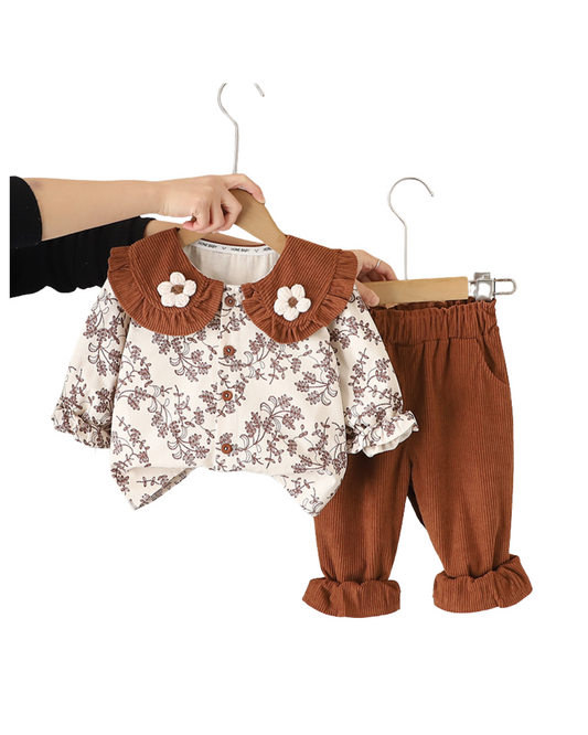 Girls Floral Printed Shirt & Corduroy Pant Set – Kominz Junior 1-6