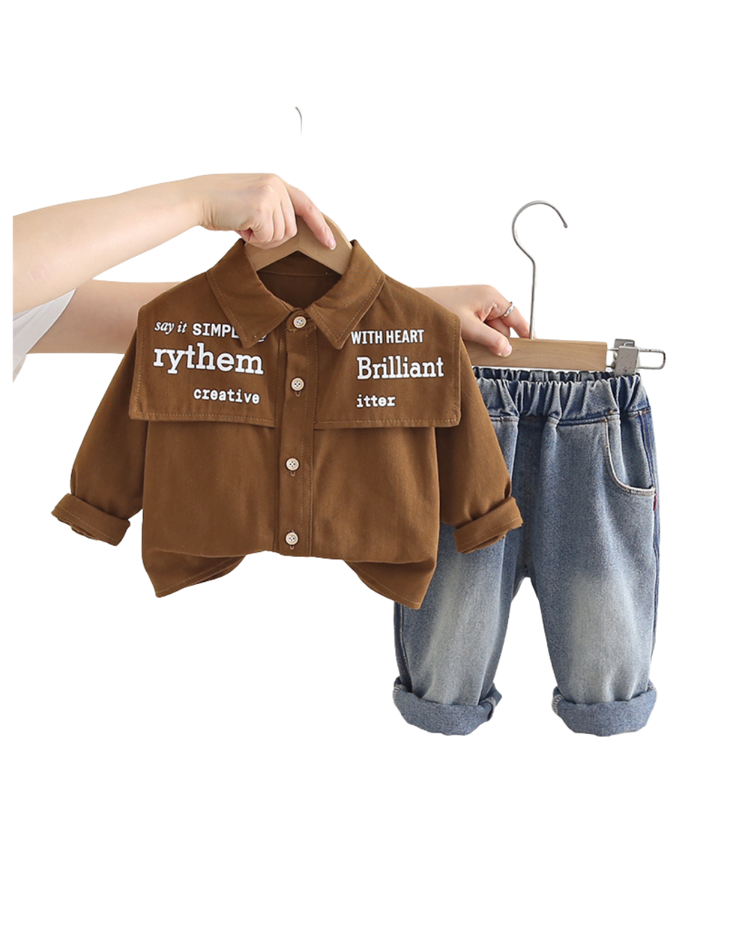 Boys Casual Shirt and Denim Jeans Set – Brown and Blue Cotton Outfit (1–6 Years)