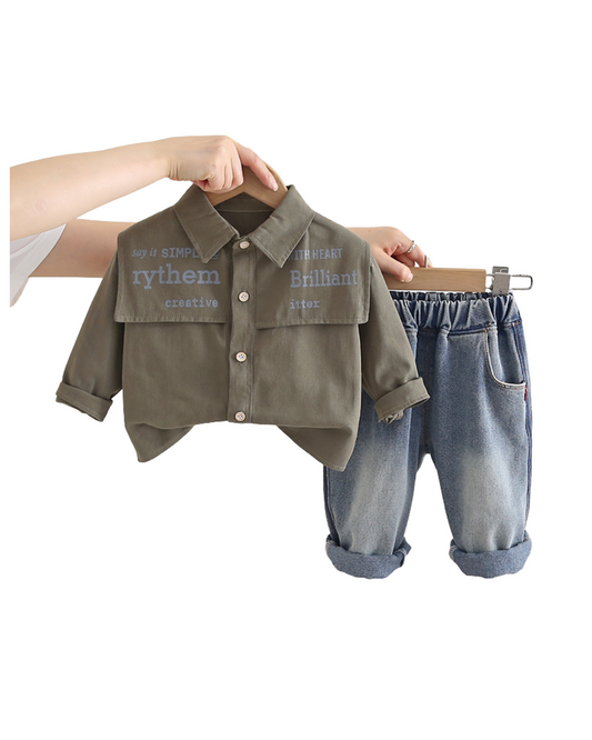 Boys Casual Shirt and Denim Jeans Set – Olive Green and Blue Cotton Outfit (1–6 Years)