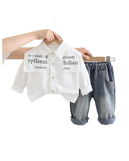 Boys White Printed Shirt & Denim Jeans Set – Kominz Junior 1-6