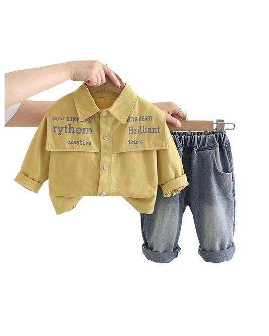 Boys Casual Shirt and Denim Jeans Set – Mustard Yellow and Blue Cotton Outfit (1–6 Years)