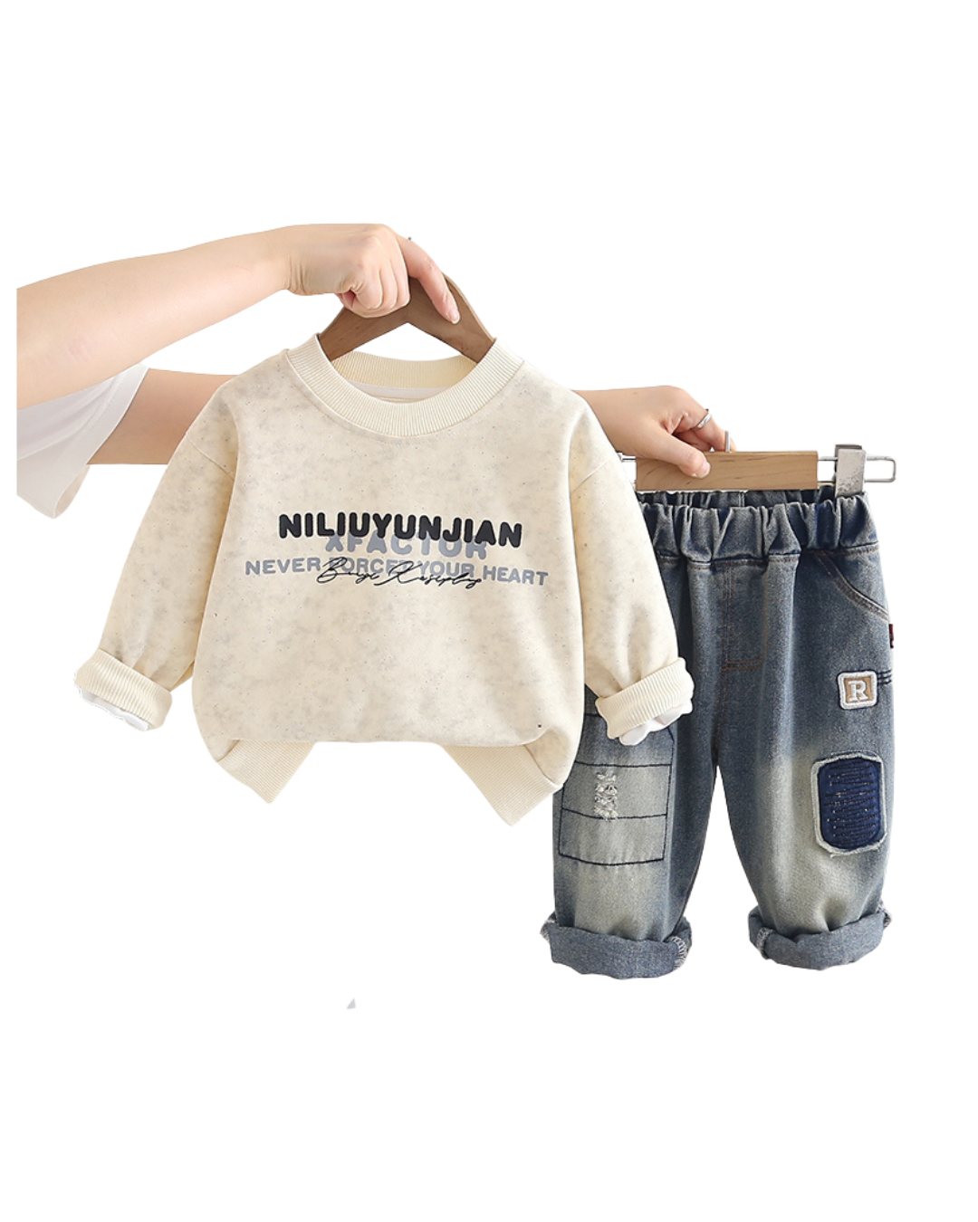 Kominz Junior Boys Cream Sweatshirt & Denim Pant Set – Casual Outfit for 1–6 Years