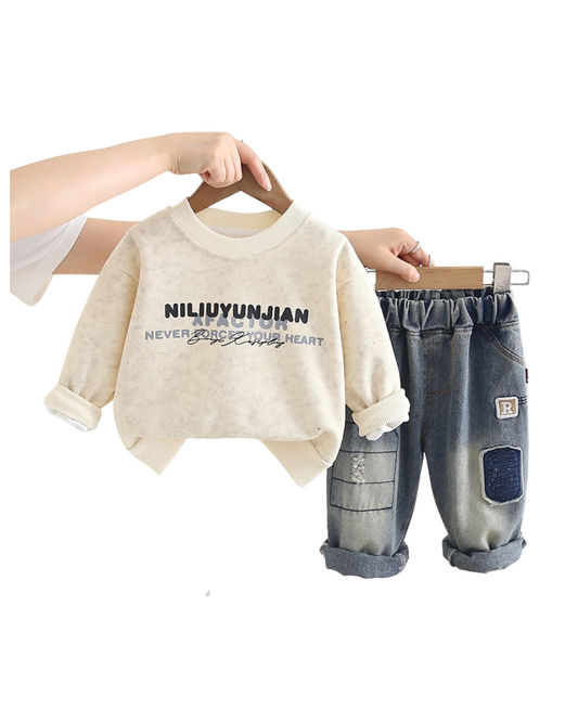 Kominz Junior Boys Cream Sweatshirt & Denim Pant Set – Casual Outfit for 1–6 Years