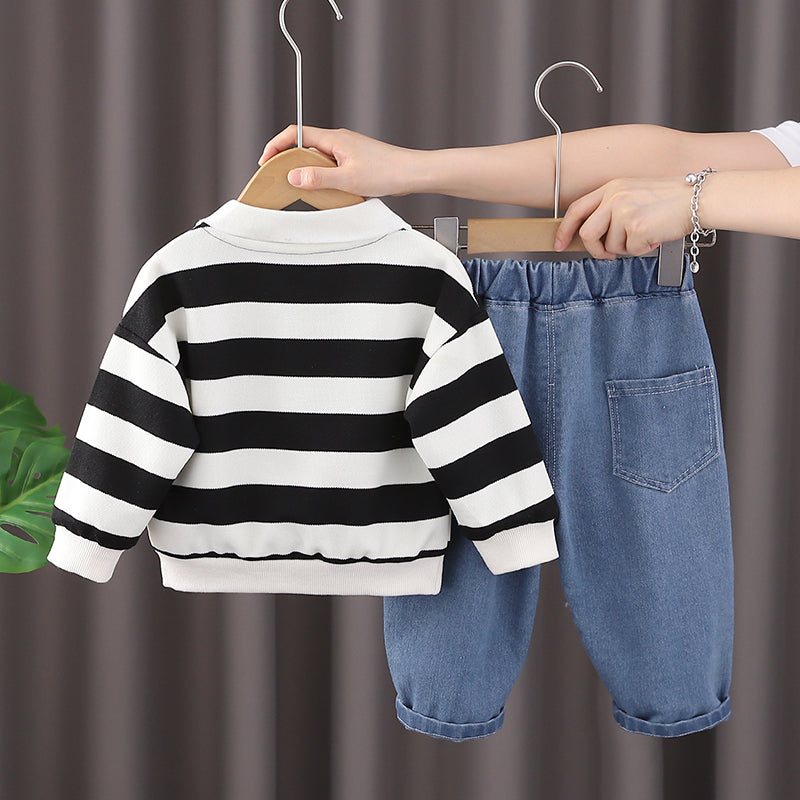 Kominz Junior – Boys Black & White Striped Polo Shirt with Denim Jeans Set (1–6 Years)