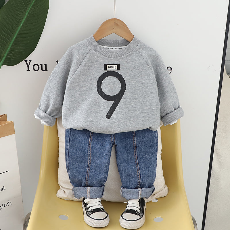 Boys Grey Sweatshirt and Denim Jeans Set – Soft Cotton Casual Outfit (1–6 Years)