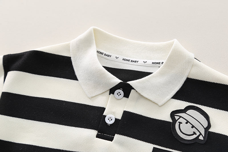 Kominz Junior – Boys Black & White Striped Polo Shirt with Denim Jeans Set (1–6 Years)
