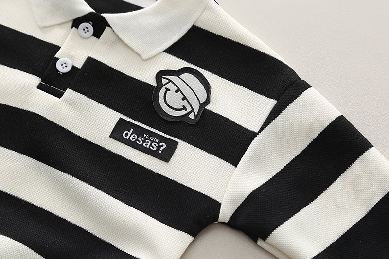 Kominz Junior – Boys Black & White Striped Polo Shirt with Denim Jeans Set (1–6 Years)