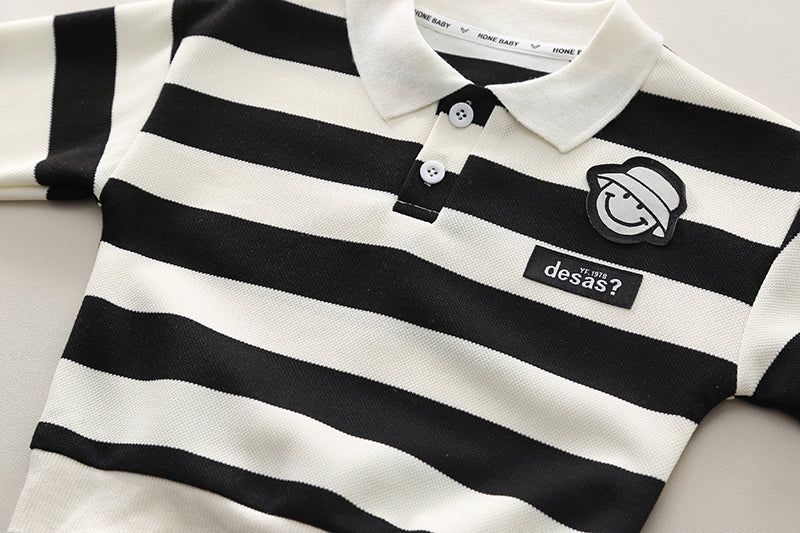 Kominz Junior – Boys Black & White Striped Polo Shirt with Denim Jeans Set (1–6 Years)
