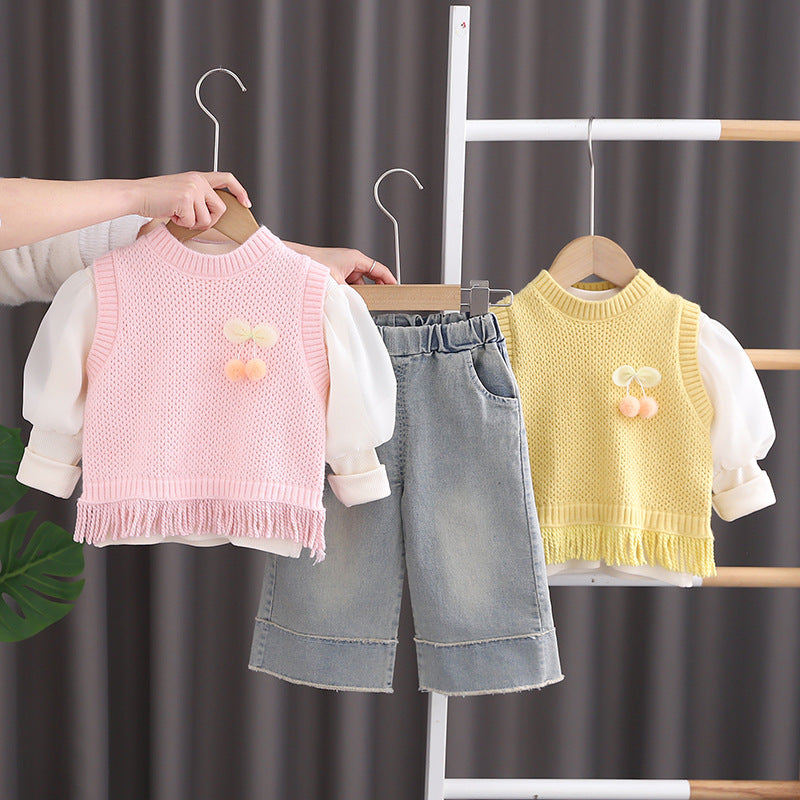 Girls Yellow Knitted Vest & Denim Pant Set – Kominz Junior 1-6