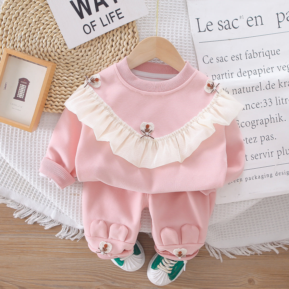 Girls Pink Frill Sweatshirt & Pant Set – Soft Cotton Outfit (1–6 Years) | Kominz Junior