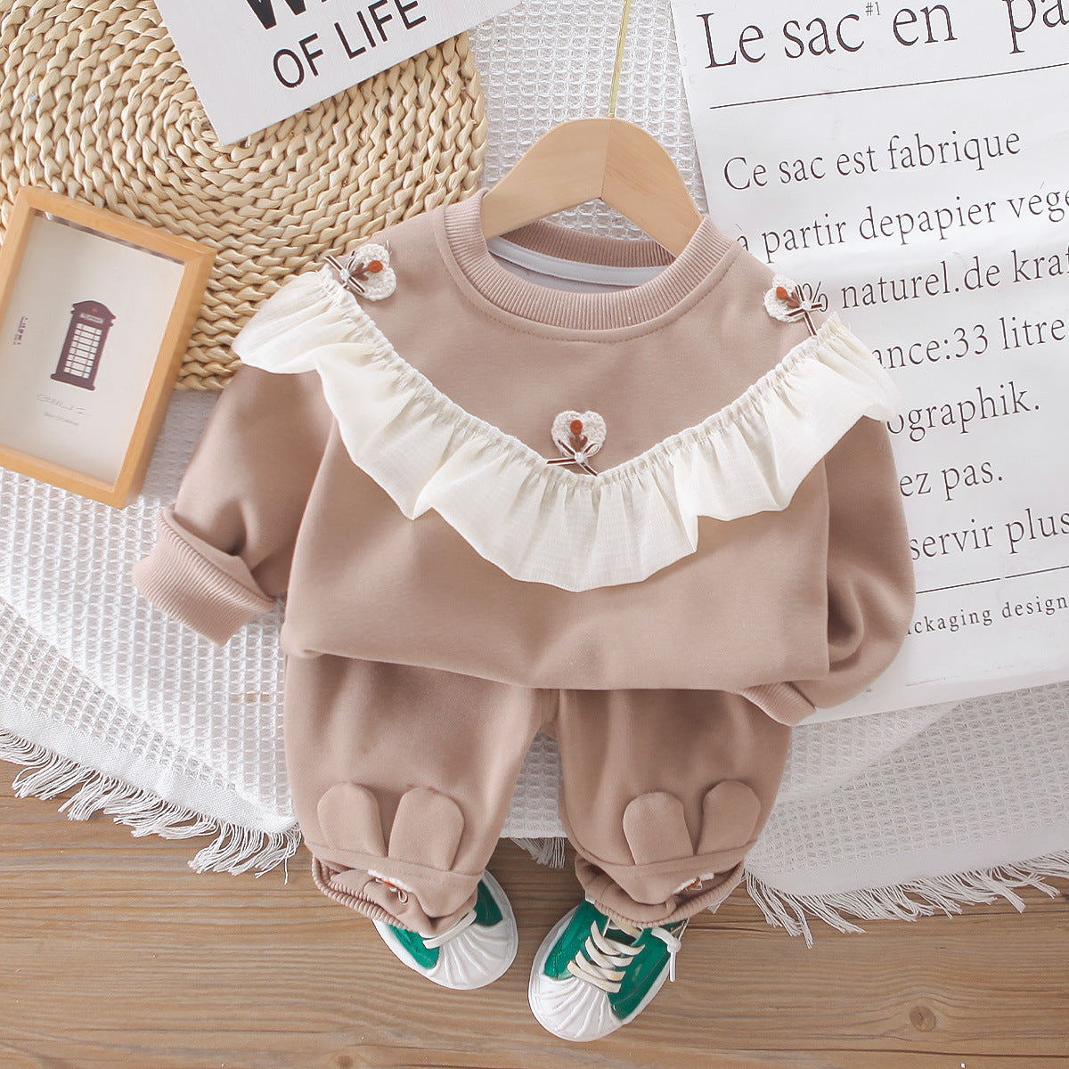 Girls Beige Frill Sweatshirt & Pant Set – Soft Cotton Outfit (1–6 Years) | Kominz Junior