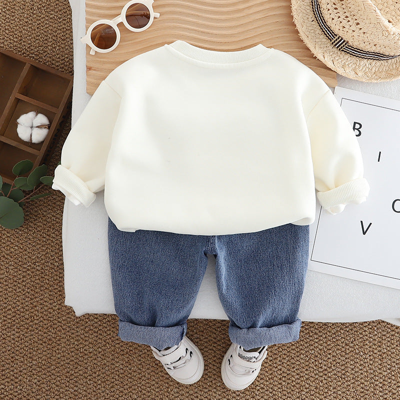 Kominz Junior – Girls Cream Heart Sweatshirt with Denim Jeans Set (1–6 Years)
