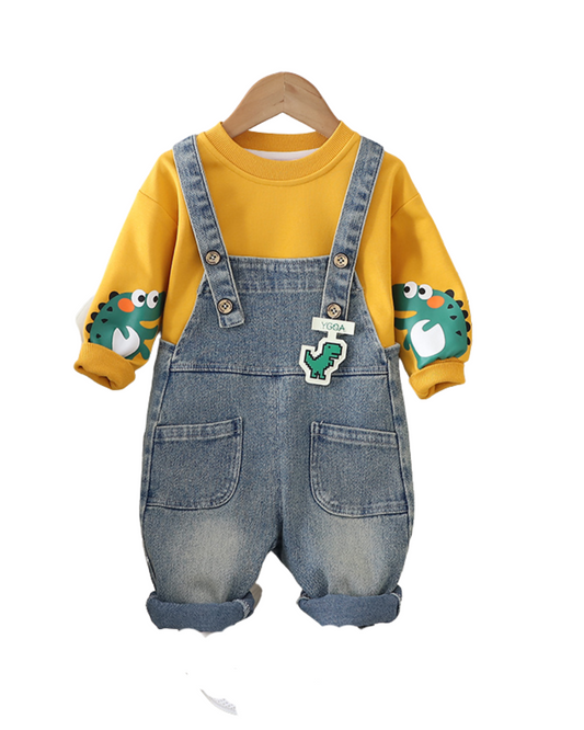 Kominz Junior – Boys Yellow Dinosaur Sweatshirt with Denim Dungaree Set (1–6 Years)