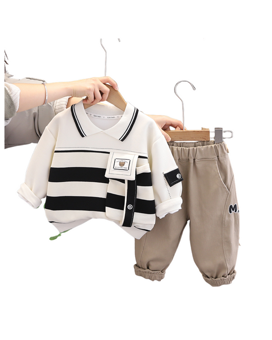 Boys Black & White Striped Polo Shirt and Khaki Pants Set – Trendy Cotton Outfit (1–6 Years)