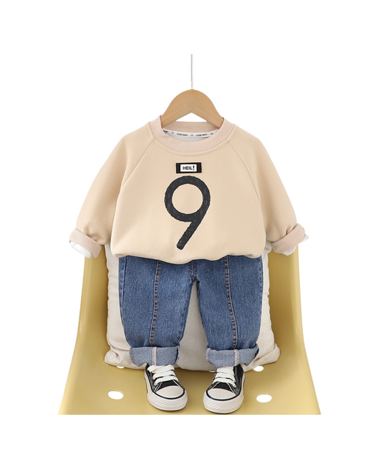 Boys Beige Sweatshirt and Denim Jeans Set – Stylish Cotton Outfit (1–6 Years)