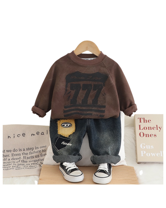 Boys 777 Printed Sweatshirt & Denim Jeans Set – Brown and Blue Cotton Outfit (1–6 Years) | Kominz Junior