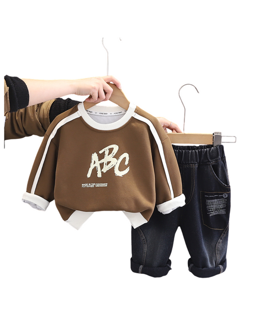 Boys ABC Printed Sweatshirt & Denim Jeans Set – Brown and Black Cotton Outfit (1–6 Years) | Kominz Junior