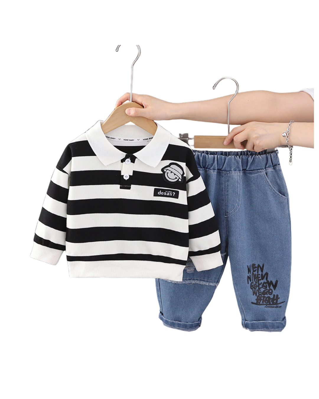 Kominz Junior – Boys Black & White Striped Polo Shirt with Denim Jeans Set (1–6 Years)