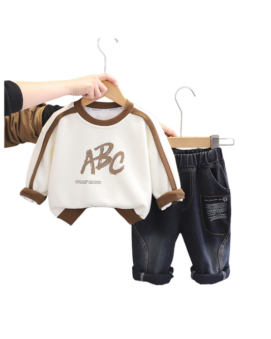 Boys ABC Printed Sweatshirt & Denim Jeans Set – Brown and Blue Cotton Outfit (1–6 Years) | Kominz Junior